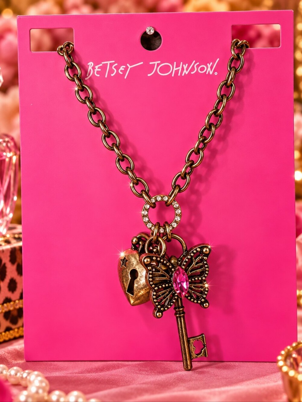 Betsey Johnson Gold Butterfly Heart Lock & Key Charm Necklace NWT